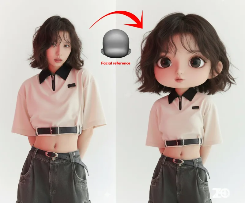 Illustrative Nano Banana result turning a portrait into a chibi character with a reference face shape