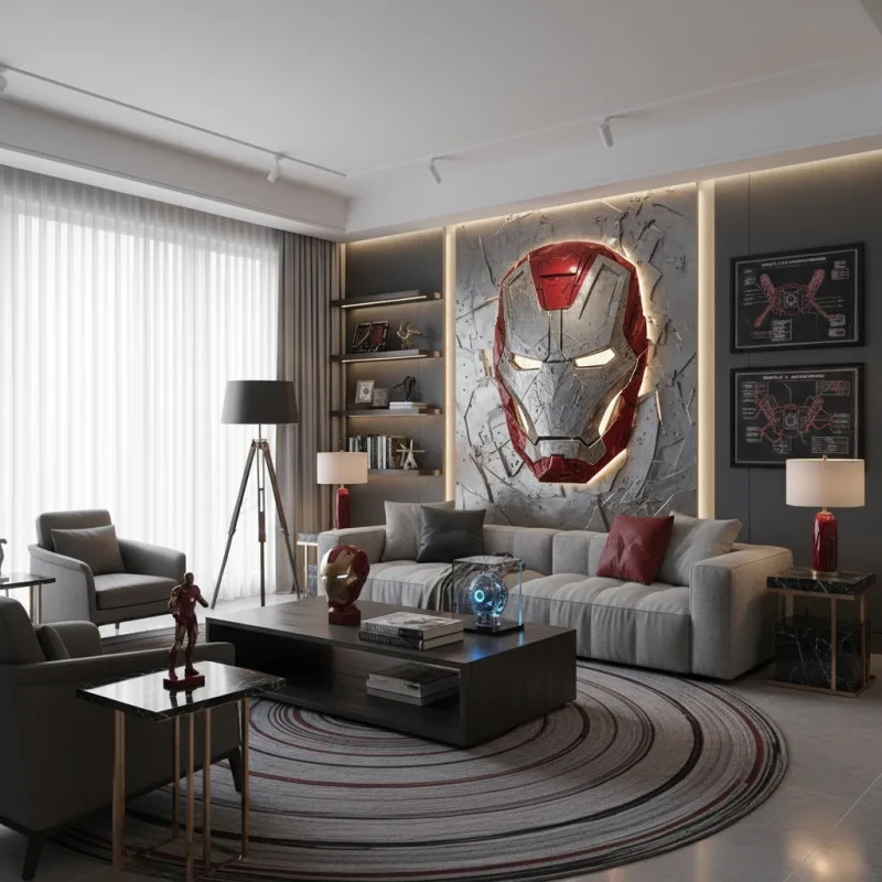 Illustrative Nano Banana result showing a superhero-inspired modern living room