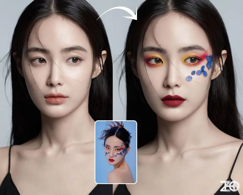Illustrative Nano Banana result applying reference makeup to a portrait